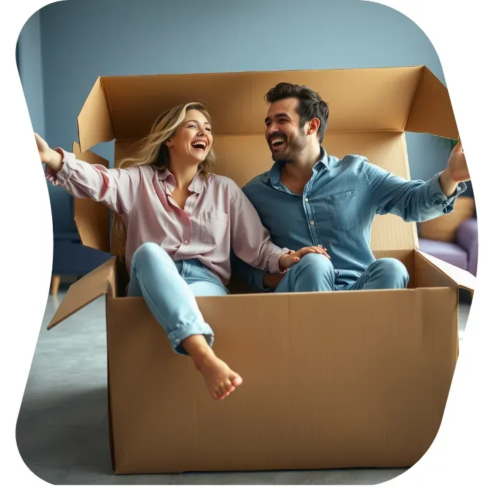 Two guys sitting on the floor of their apartment with Muval moving boxes